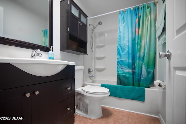 full bathroom with tile patterned floors, vanity, toilet, and shower / tub combo with curtain