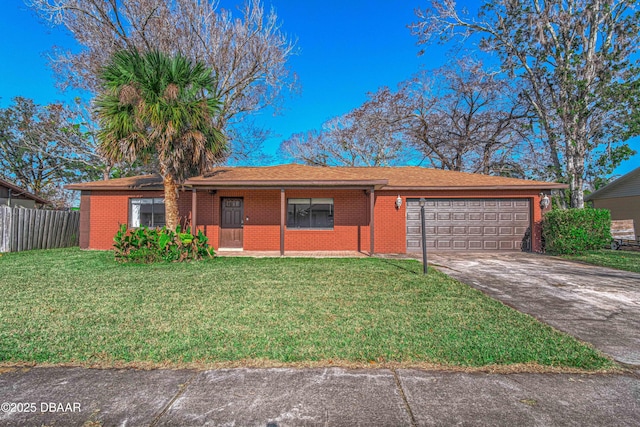 ranch-style home with a garage, concrete driveway, fence, a front lawn, and brick siding