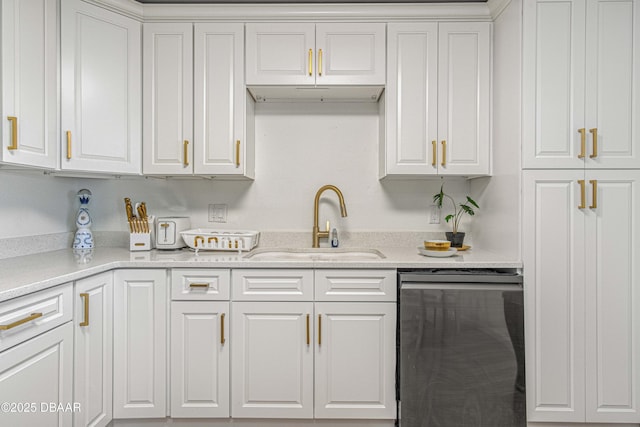 kitchen featuring white cabinets, dishwasher, a sink, and light stone countertops