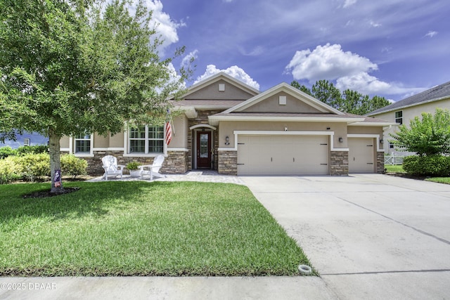 47 Abacus Ave, Ormond Beach, FL 32174 - view of front of house with stone siding, stucco siding, a garage, and a front lawn