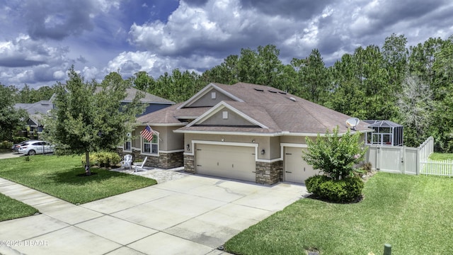 47 Abacus Ave, Ormond Beach, FL 32174 - view of front of house featuring stucco siding, stone siding, concrete driveway, an attached garage, and a shingled roof