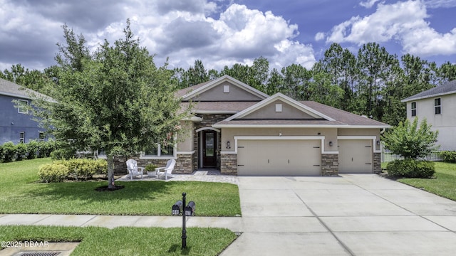 47 Abacus Ave, Ormond Beach, FL 32174 - view of front of home with stone siding, a garage, stucco siding, and a front yard