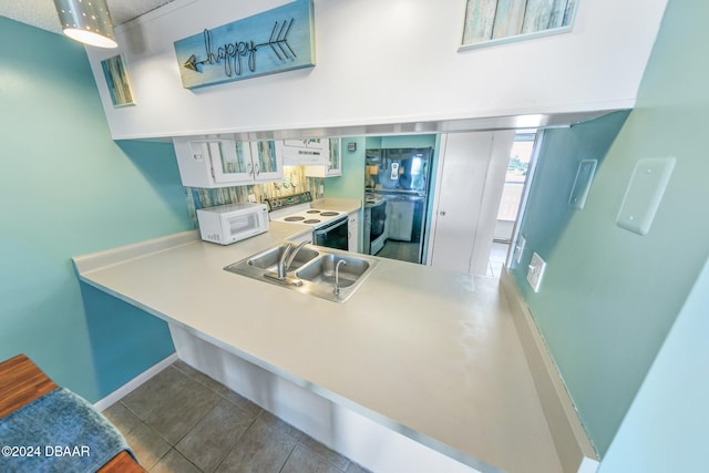 kitchen featuring kitchen peninsula, white appliances, exhaust hood, sink, and dark tile patterned flooring