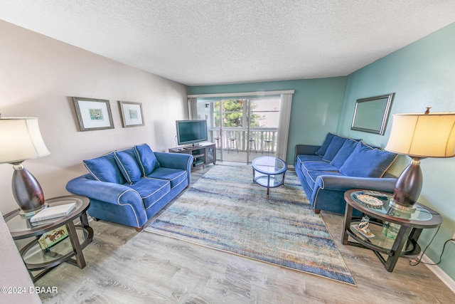 living room with hardwood / wood-style floors and a textured ceiling