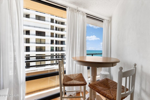 interior space featuring a water view