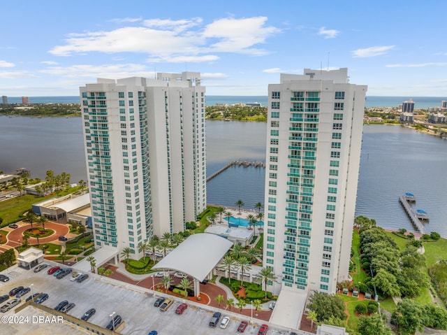 drone / aerial view featuring a water view