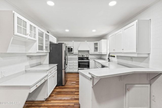 4 Eagle Rock Trl, Ormond Beach, FL 32174 - kitchen with stainless steel appliances, a sink, dark wood-style floors, a peninsula, and premium range hood