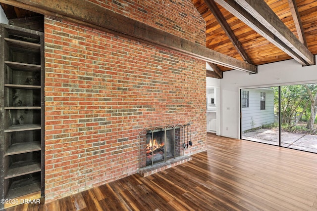 4 Eagle Rock Trl, Ormond Beach, FL 32174 - unfurnished living room with wooden ceiling with exposed beams, hardwood / wood-style flooring, a brick fireplace, and high vaulted ceiling