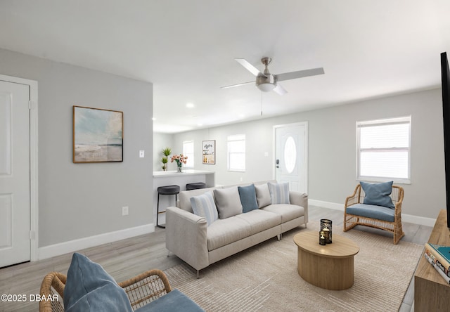 living room with ceiling fan and light hardwood / wood-style flooring