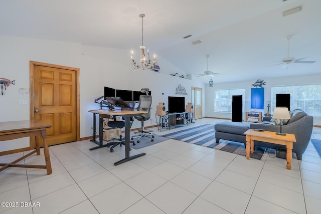 tiled home office with vaulted ceiling and ceiling fan with notable chandelier