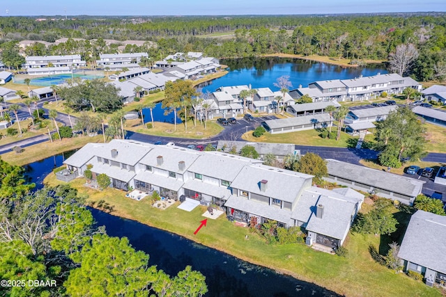 aerial view featuring a water view