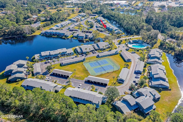 drone / aerial view featuring a water view