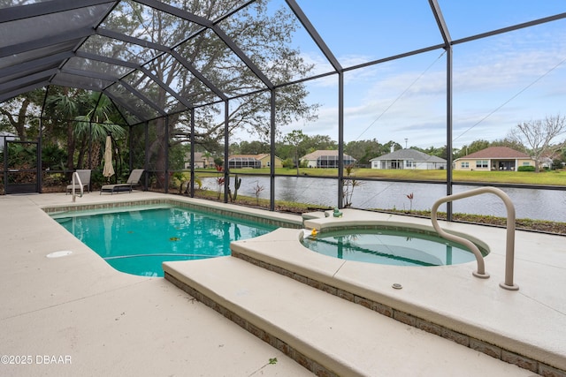 view of swimming pool featuring a water view, a patio, an in ground hot tub, and glass enclosure