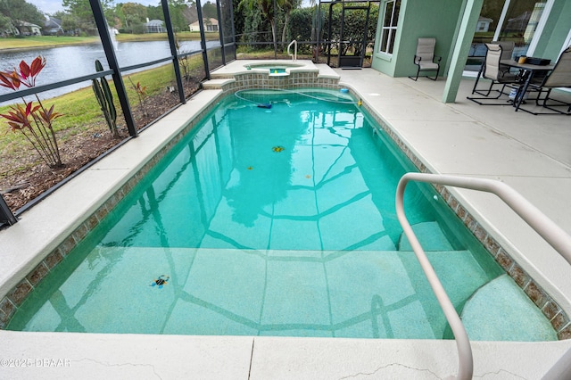 view of pool featuring a water view, a patio, an in ground hot tub, and glass enclosure