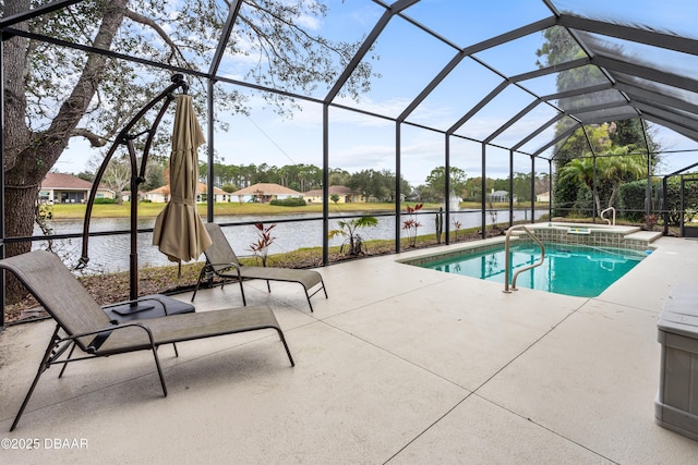 view of swimming pool with a patio area, a lanai, a pool with connected hot tub, and a water view