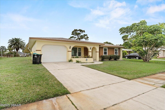 single story home with an attached garage, stucco siding, concrete driveway, and a front yard