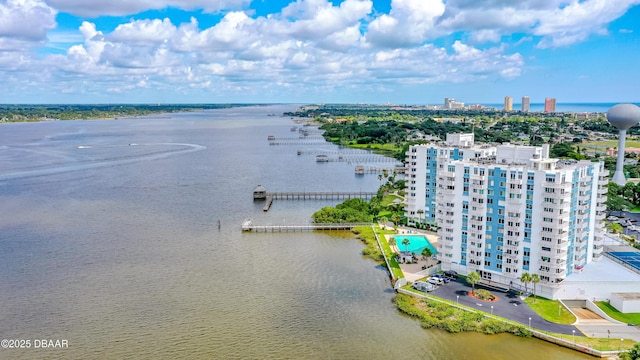 birds eye view of property featuring a water view