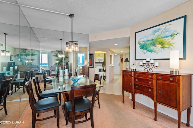 dining area featuring light colored carpet and a textured ceiling