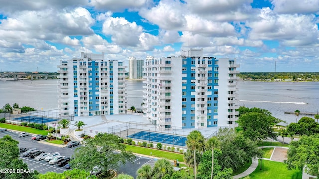 view of building exterior with a water view