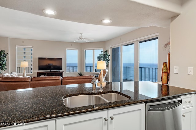3737 S Atlantic Ave Unit 702, Daytona Beach, FL 32118 - kitchen with dishwasher, white cabinetry, a ceiling fan, open floor plan, and recessed lighting