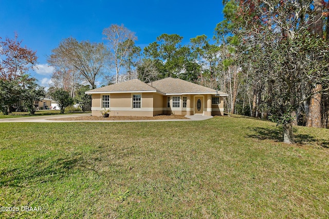 ranch-style house with stucco siding and a front yard