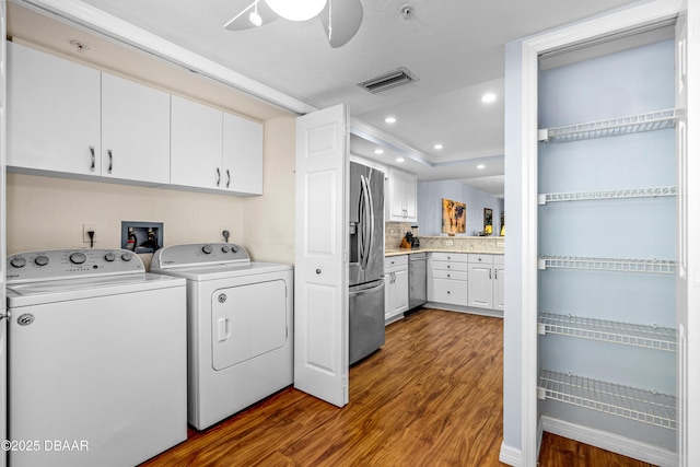 3333 S Atlantic Ave Unit 1802, Daytona Beach, FL 32118 - laundry room featuring cabinet space, dark wood-style floors, separate washer and dryer, ceiling fan, and recessed lighting