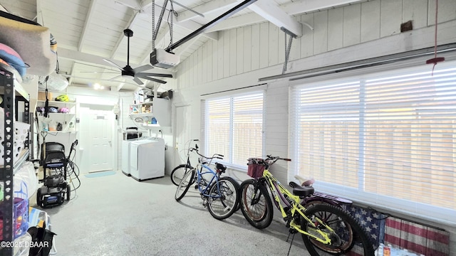 8 Tarpon Ave, Ormond Beach, FL 32176 - garage featuring washer and clothes dryer, a garage door opener, and ceiling fan