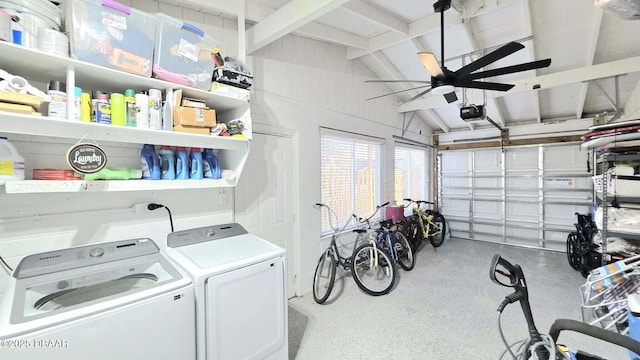 8 Tarpon Ave, Ormond Beach, FL 32176 - garage with washing machine and clothes dryer, ceiling fan, and a garage door opener