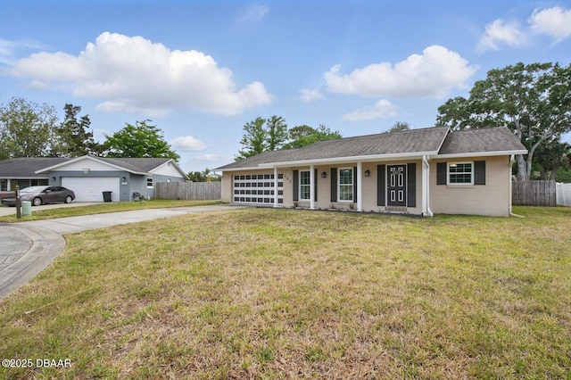 ranch-style house featuring concrete driveway, an attached garage, and a porch