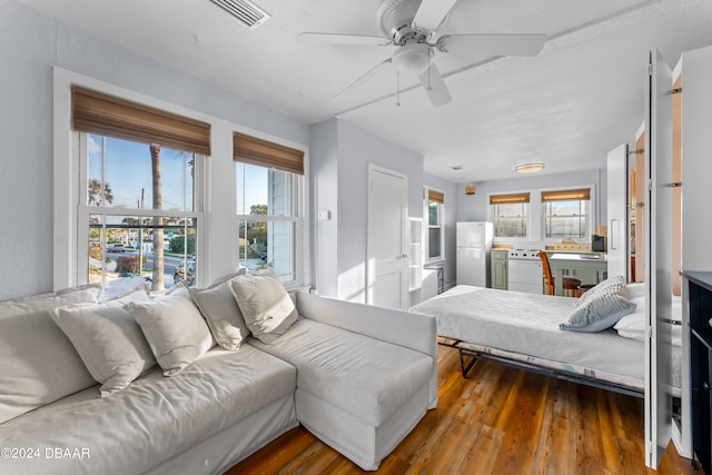 bedroom with ceiling fan, multiple windows, white fridge, and wood-type flooring