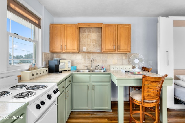 kitchen featuring dark hardwood / wood-style flooring, sink, white appliances, and backsplash