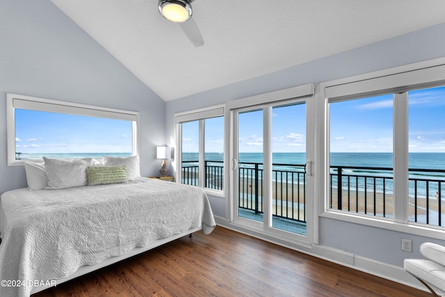 bedroom with access to outside, dark hardwood / wood-style flooring, a water view, a beach view, and ceiling fan