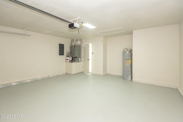 garage featuring electric panel, water heater, heating unit, and a garage door opener