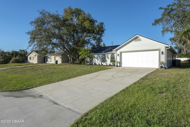 single story home featuring a front yard, central AC, and a garage