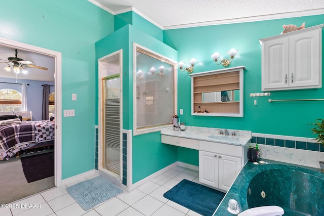 ensuite bathroom with a stall shower, ornamental molding, a textured ceiling, connected bathroom, and a tub with jets