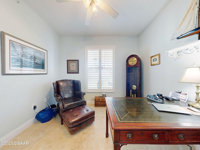 tiled office featuring ceiling fan