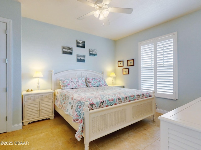 bedroom featuring ceiling fan and light tile patterned flooring