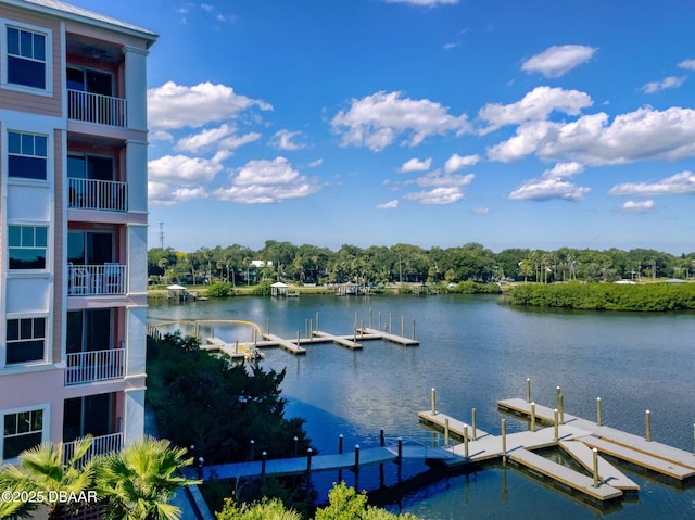 exterior space with a water view