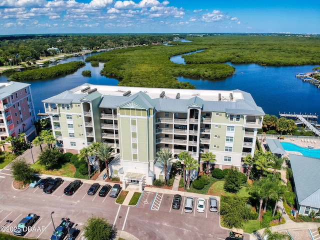 drone / aerial view with a water view