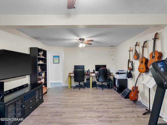 office area with light hardwood / wood-style floors and ceiling fan