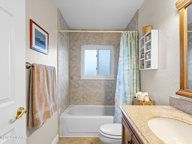 full bathroom featuring vanity, tile patterned floors, shower / bath combo, and toilet