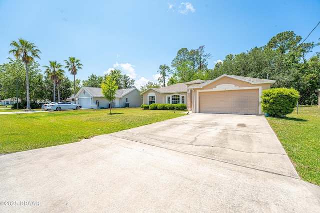 5 Zammer Ct, Palm Coast, FL 32164 - ranch-style house with stucco siding, a garage, driveway, and a front lawn