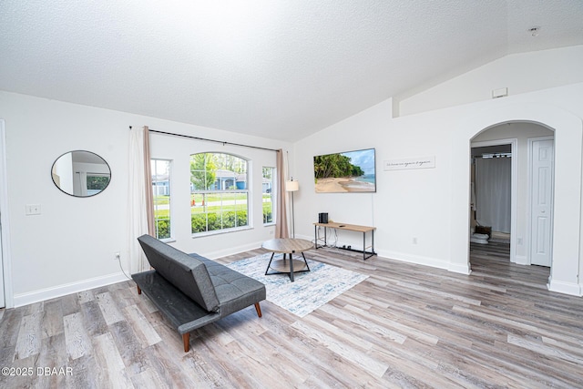 5 Zammer Ct, Palm Coast, FL 32164 - living area with arched walkways, a textured ceiling, baseboards, wood finished floors, and vaulted ceiling