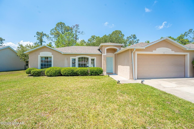 5 Zammer Ct, Palm Coast, FL 32164 - ranch-style house featuring concrete driveway, an attached garage, a front lawn, and stucco siding
