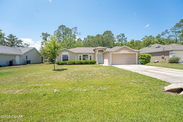 5 Zammer Ct, Palm Coast, FL 32164 - ranch-style home with a front yard, stucco siding, central AC unit, concrete driveway, and an attached garage