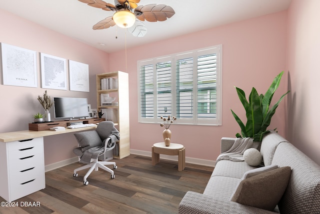 office with dark wood-type flooring and ceiling fan