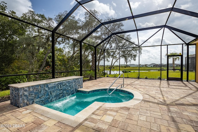 view of swimming pool featuring a patio, glass enclosure, and pool water feature