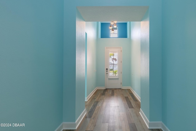 300 Blue Starfish Pl, Daytona Beach, FL 32124 - doorway to outside with a chandelier, wood finished floors, and baseboards