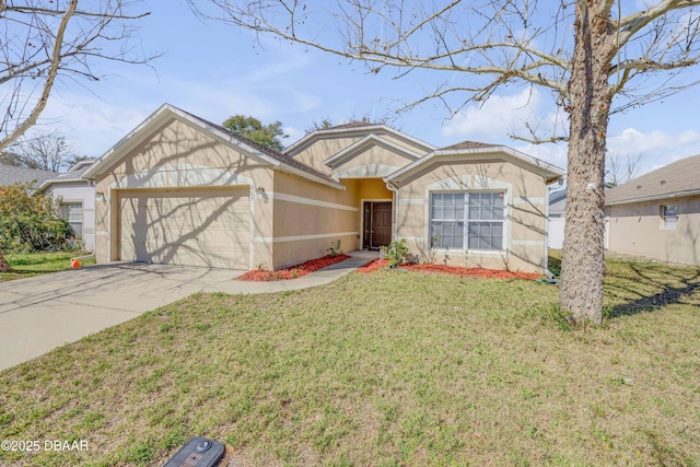 view of front of property with a garage, driveway, a front lawn, and stucco siding