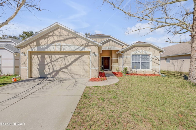 ranch-style house featuring a front lawn, concrete driveway, an attached garage, and stucco siding